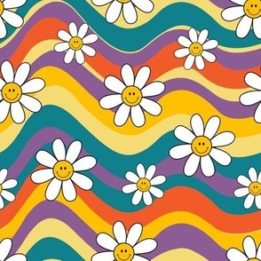 groovy funny  flowers on a rainbow background