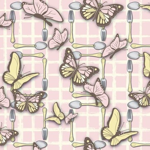 Butter and piglet fork spoon and butterfly on lined background