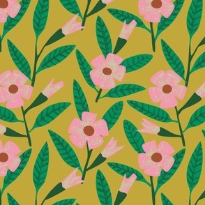 Day flowers (6" Step outside collection)-  Pretty textural pink flowers on a mustard yellow background.