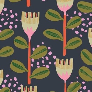 Night flowers- (12" Step outside collection) - Funky abstract flowers in cream, orange and pink  and green on a dark background.
