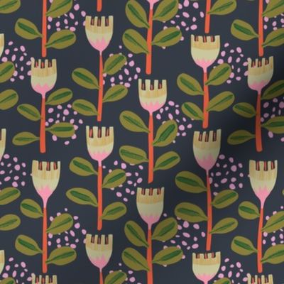 Night flowers- (6" Step outside collection) - Funky abstract flowers in cream, orange and pink  and green on a dark background.
