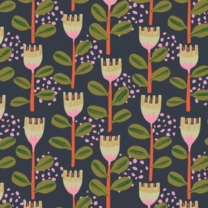Night flowers- (6" Step outside collection) - Funky abstract flowers in cream, orange and pink  and green on a dark background.