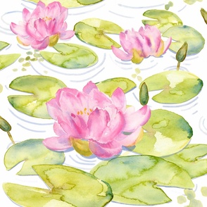 Watercolour Lily Pond pink and green jumbo scale 24 inch