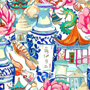 Chinoiserie jars, pagodas and sea shells