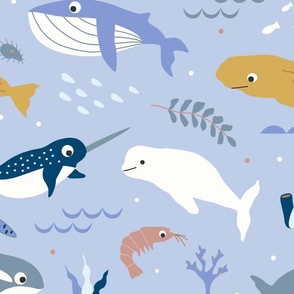 Diverse whales light blue - jumbo scale for wallpaper and bedding