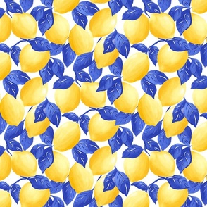 Lemons and Blue Leaves on White