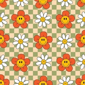 groovy funny  retro flowers  on a checkered background 