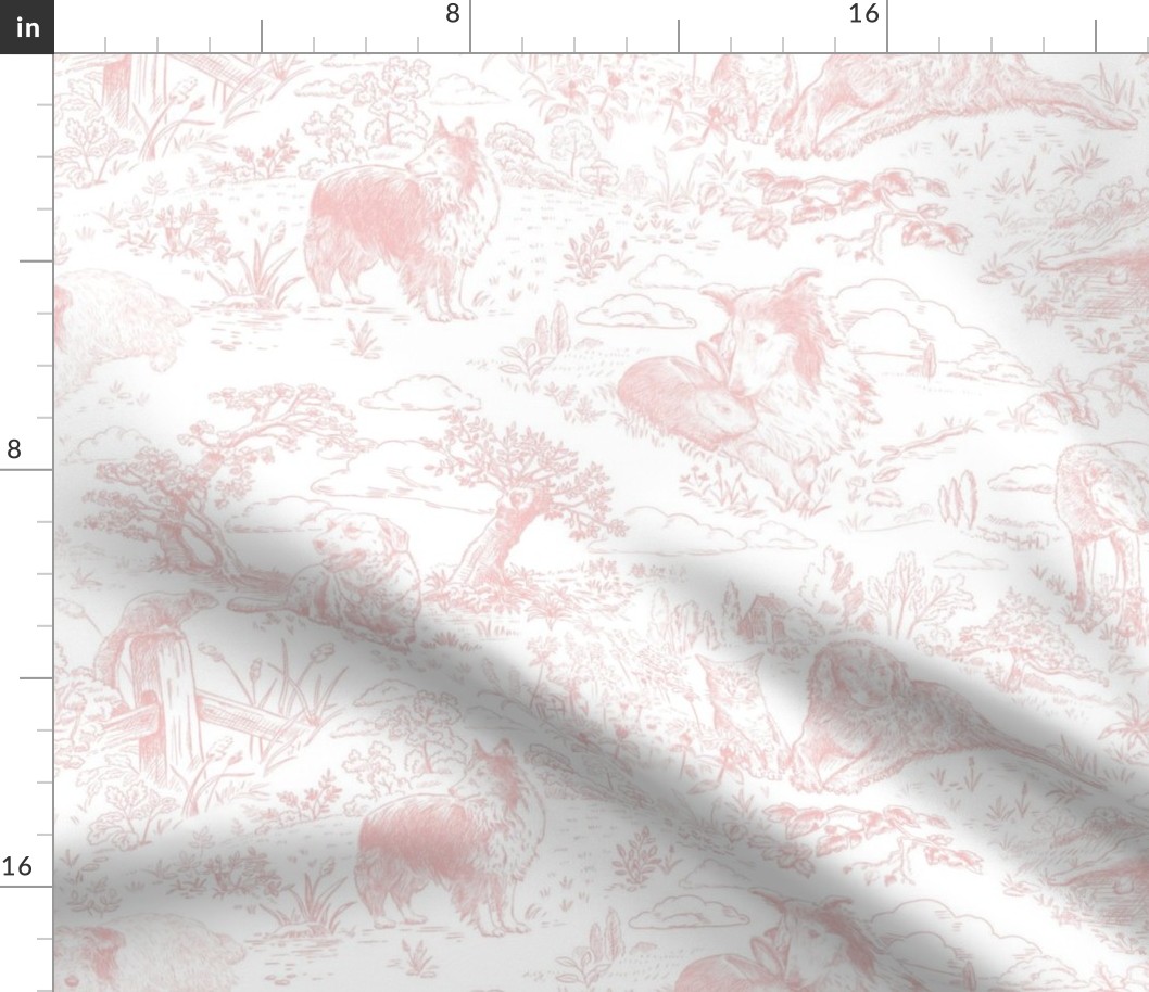 Country Dogs Toile Blush Pink on White