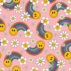 groovy rainbow and flowers on a pink background