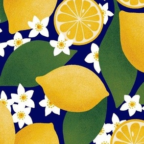Lemon Pattern- Deep Sea Blue Background