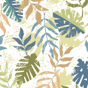 Jungle textured leaves green blue and white - jumbo scale for wallpaper and bedding
