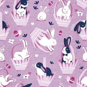 Normal scale // Easter bunny baskets // violet lavender and bubble gum pink sweet white and dutch rabbits eggs and flowers