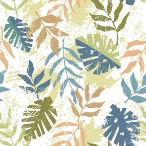 Jungle textured leaves green blue and white - medium scale 10” repeat