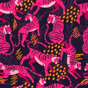 Bright Pink Tigers On Dark Purple Background