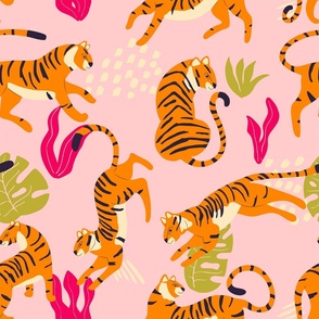 Cute tiger pattern on bright pink background
