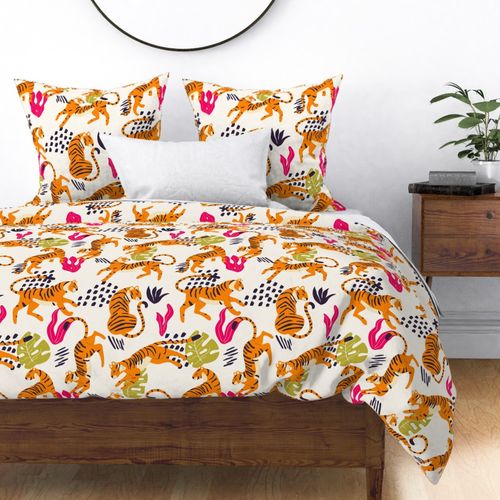 Cute tiger pattern with exotic florals on beige background