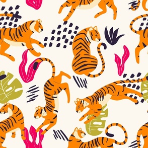 Cute tiger pattern with exotic florals on beige background