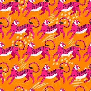 Cute bright pink tigers on vibrant orange background