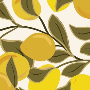 Luscious Vintage Lemons -LARGE Lemons||Lemons and leaves, bright lemon yellow, olive green leaves, cream background. 