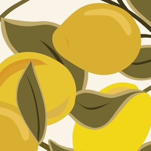 Luscious Vintage Lemons -JUMBO Lemons||Lemons and leaves, bright lemon yellow, olive green leaves, cream background. Great for a duvet or wallpaper at a large scale!
