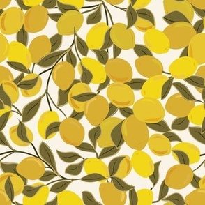 Luscious Vintage Lemons -SMALLLemons||Lemons and leaves, bright lemon yellow, olive green leaves, cream background. 