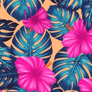 Monstera and Hibiscus, blue teal and pink on peach large