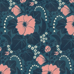 Hollyhock Garden - 12x24 large - midnight teal and salmon pink