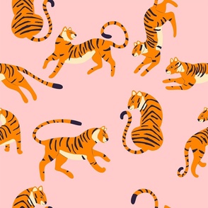 Cute tigers on bright pink background