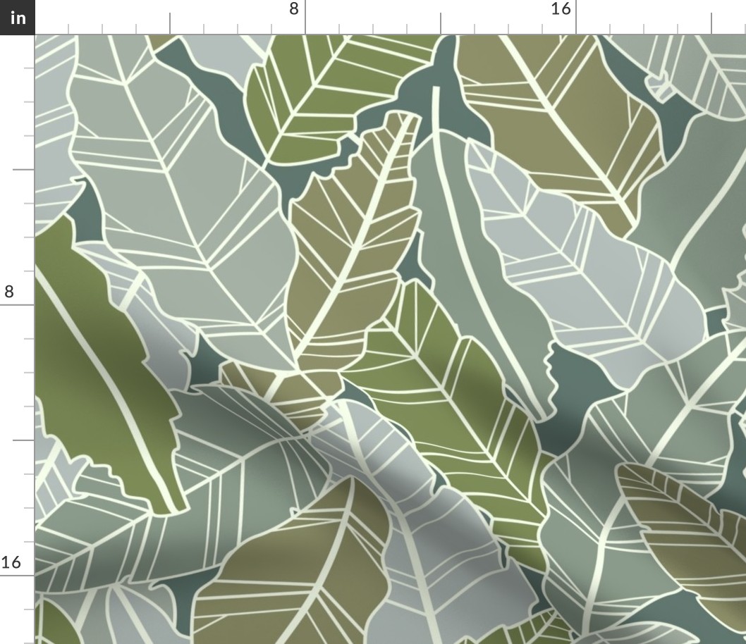 Overlapping sage green leaves - line artwork - large scale for wallpaper and bedding