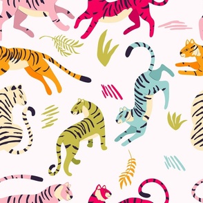 Colorful cute tigers on white background