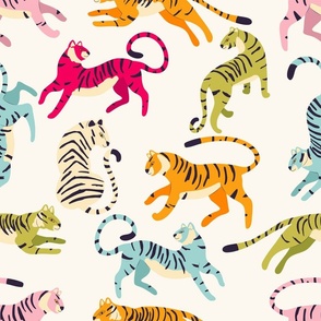Cute colorful tigers on light cream background