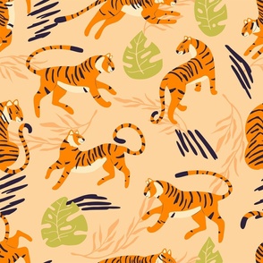 Cute tiger pattern with exotic plants and abstract elements