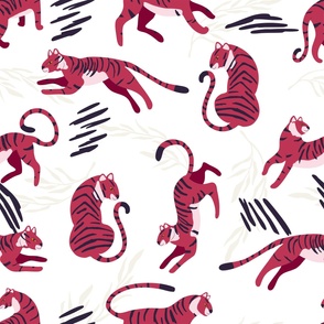 Cute tiger pattern in viva magenta on white background