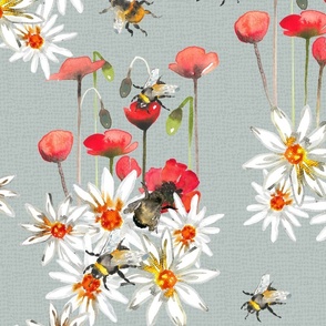 Bumblebees_ poppys and daisys space -Dust Blue Grey