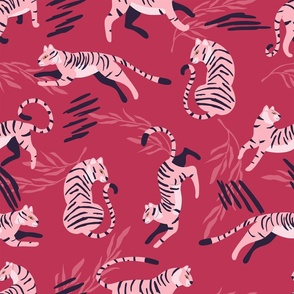 Cute pink tigers on viva magenta background with floral elements