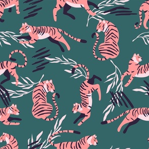 Cute pink tigers on green background