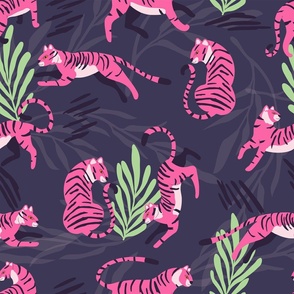 Cute pink tigers on purple background