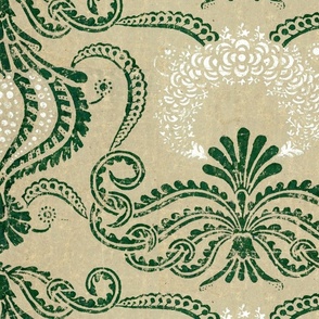 Antique art deco ferns and white flowers vintage historical large home decor damask, dark academia 