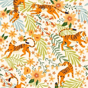 Beautiful tiger pattern with floral elements and flowers