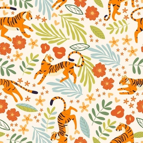 Beautiful tiger pattern with flowers and floral elements on cream background