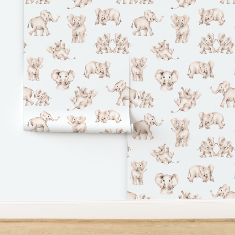 Elephants in Sepia Tan for Nursery Kids Gender Neutral