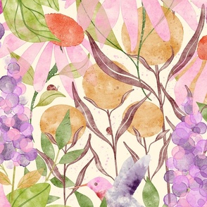 Jumbo//Multi-colored Spring Garden Flowers and Hummingbird on Creme