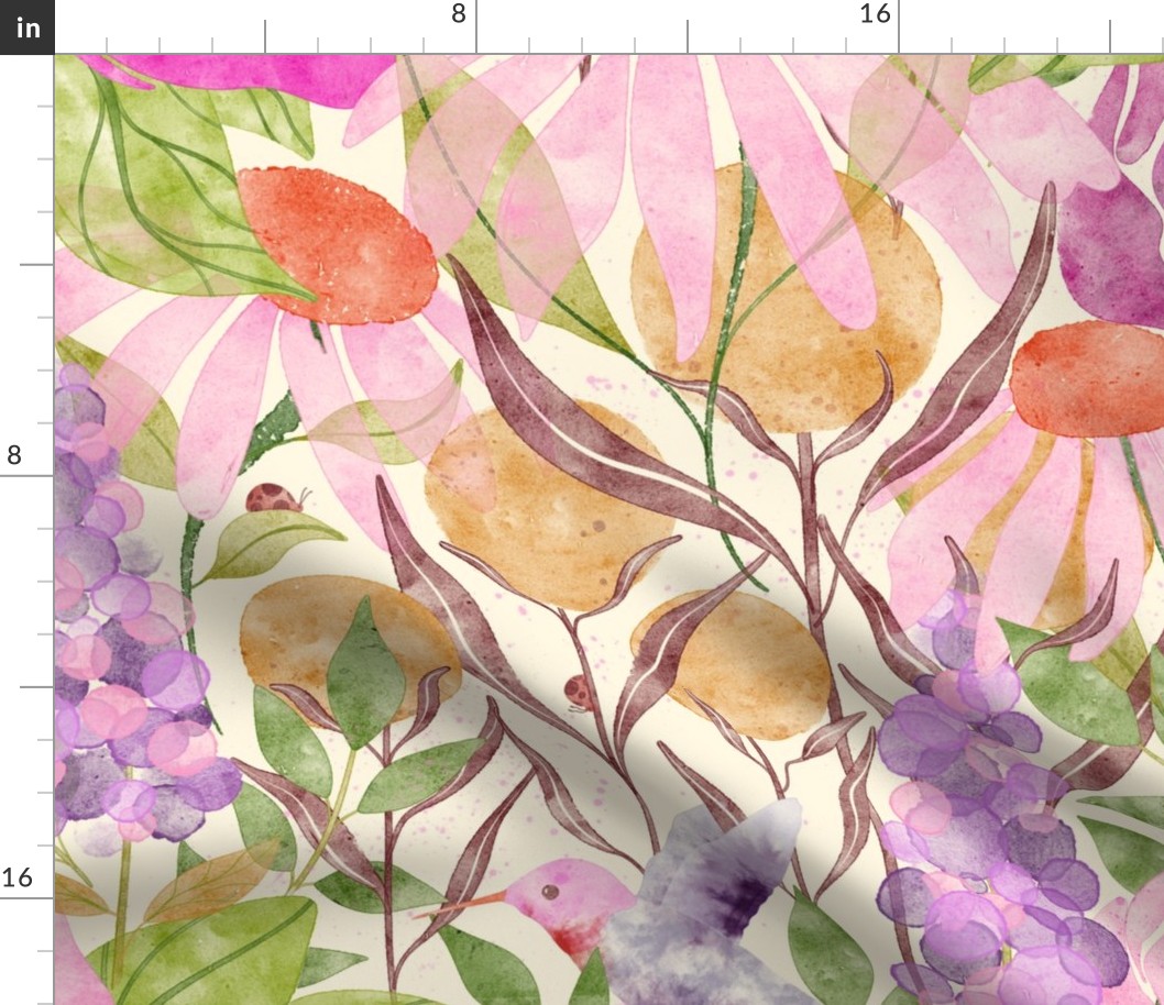 Garden Delight||JUMBO||Multi-colored Spring Garden Flowers and Hummingbird on Creme