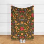 Boho Watercolor Floral - red_ blue and orange flowers on Van Dyke brown - large