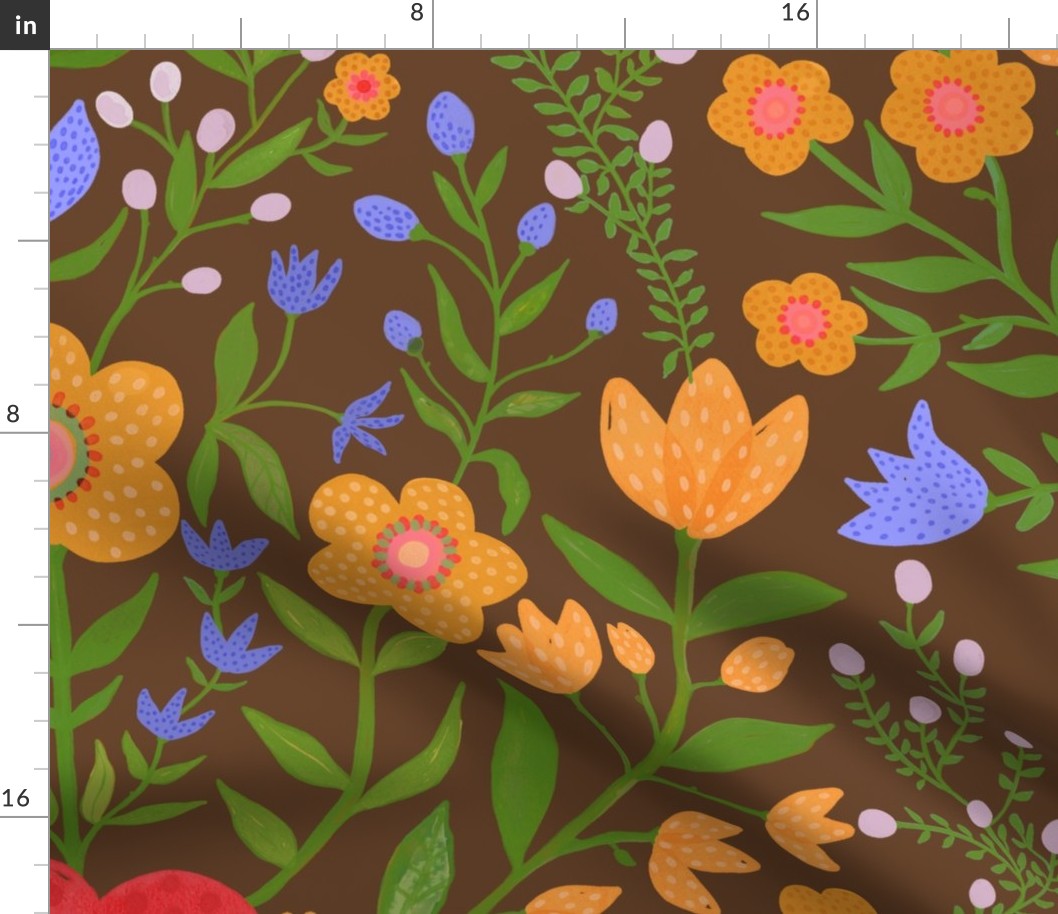 Boho Watercolor Floral - red_ blue and orange flowers on Van Dyke brown - large