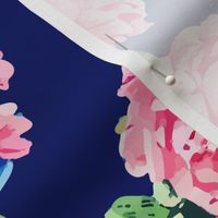 Roses in chinoiserie jars on deep blue