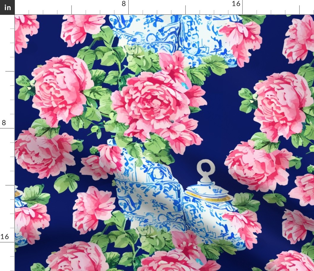 Roses in chinoiserie jars on deep blue