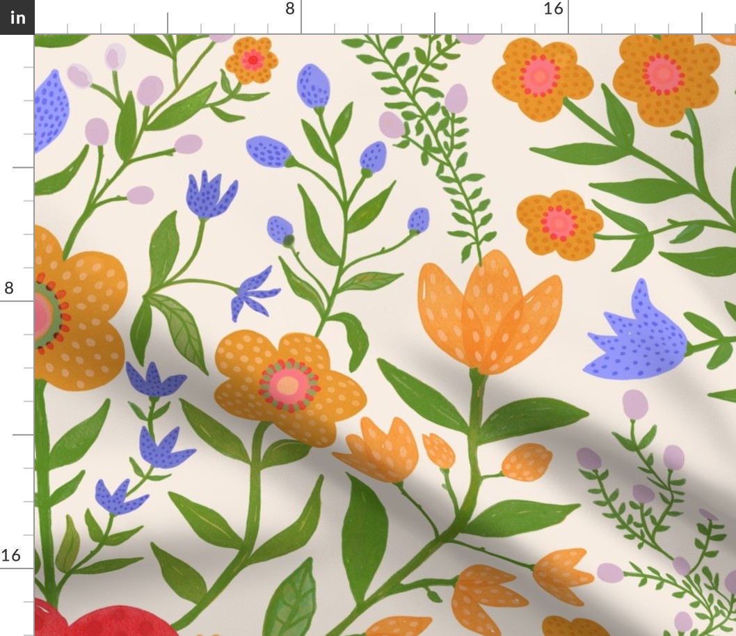 Boho Watercolor Floral - red_ blue and orange flowers on white - large