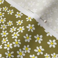 (S) Tiny quilting floral - small white flowers on Moss green - Petal Signature Cotton Solids coordinate