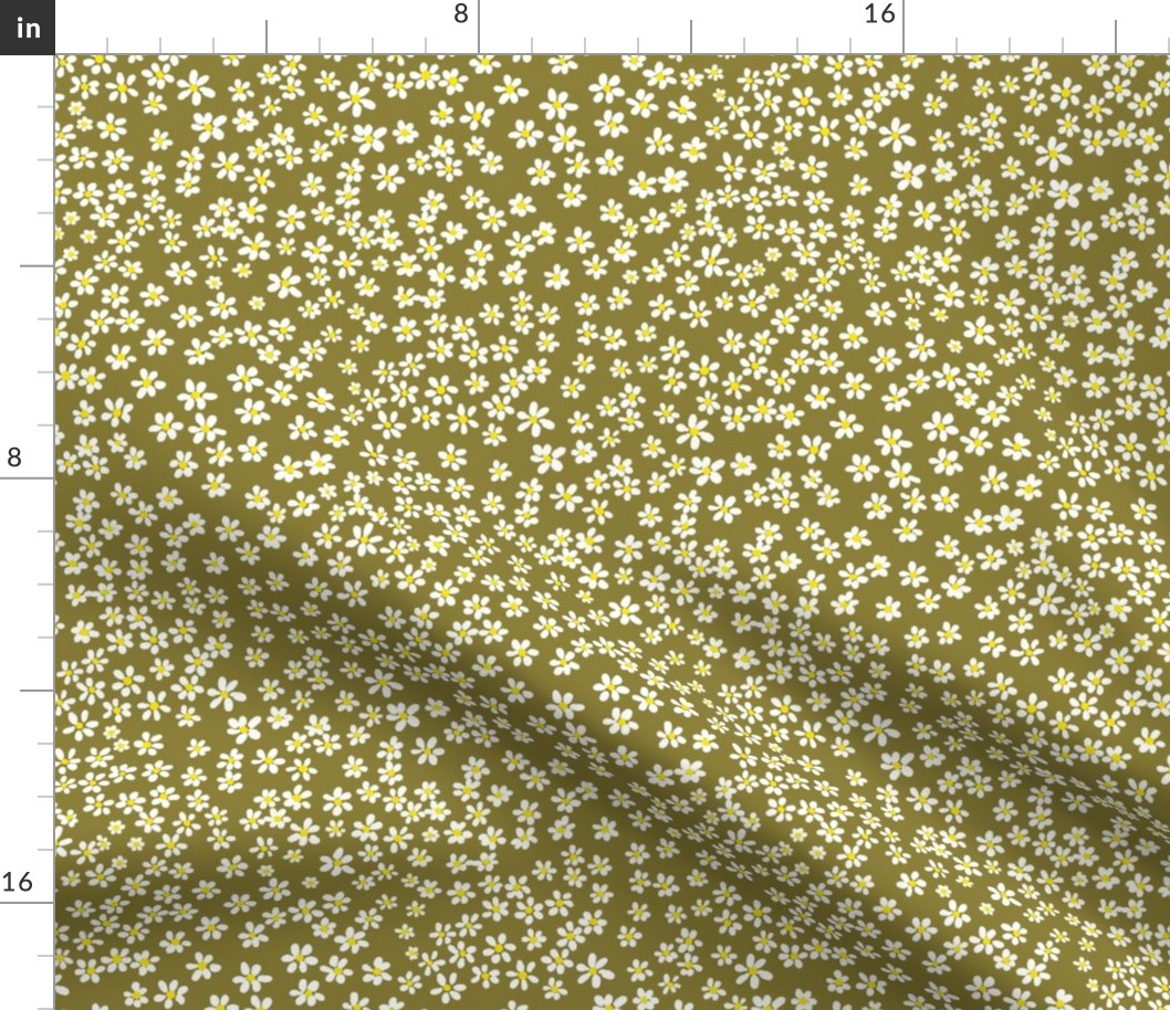 (S) Tiny quilting floral - small white flowers on Moss green - Petal Signature Cotton Solids coordinate